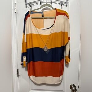 Ashley Blue Womens Sz 1X Top Shirt Blouse‎ Tunic 3/4 Sleeve color block necklace